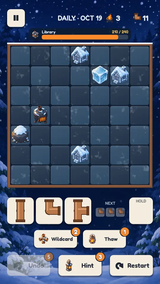 A Heat Lines daily puzzle board with ice blocks, rocks and cabins