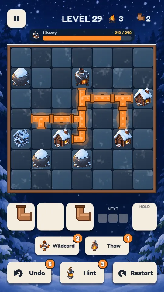 Heat Lines gameplay: glowing copper pipes carry heat from the furnace across a snowy grid toward frozen cabins