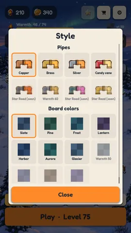 The Style screen with pipe skins and board colors