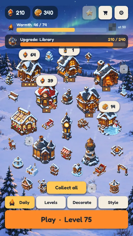 The Heat Lines village with warm buildings, decorations and the village furnace in the snow